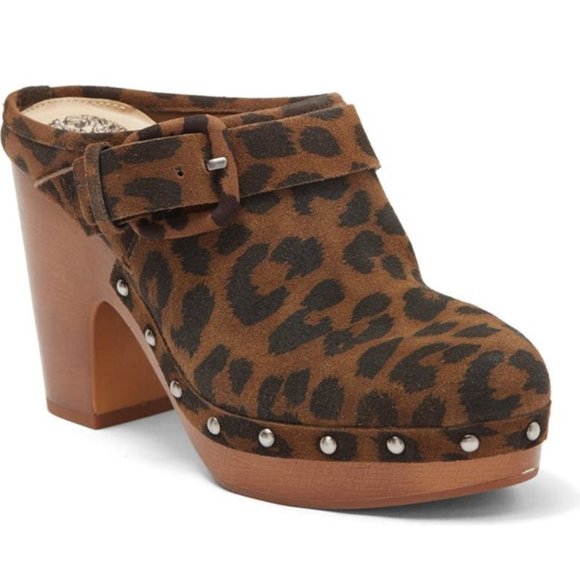 Vince Camuto Ceena Clogs Leather Studded Leopard Slip On Platform Mules Size 8 - Picture 1 of 8